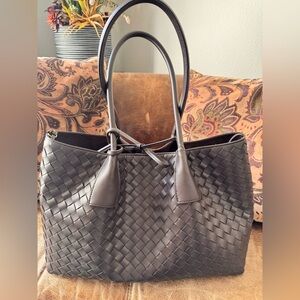 Designer Inspired Dark Brown Leather Woven Tote Bag